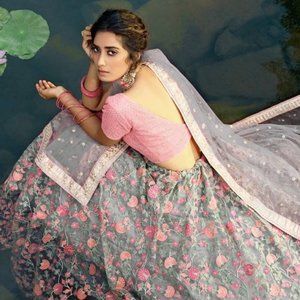 Plus Size Net Gorgeous Floral Gray and Pink Lehenga